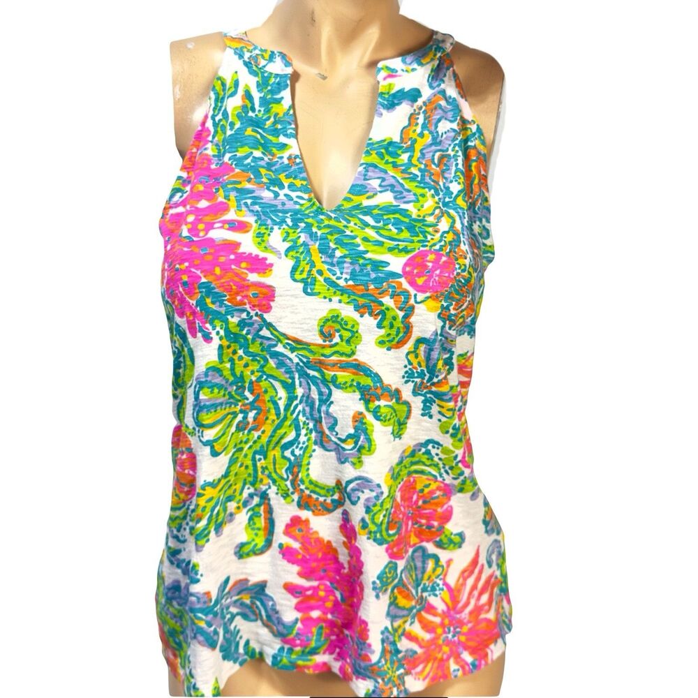 Lilly Pulitzer Arya Tank Top Casa Marina Sleeveless Coral Floral Cotton L Large